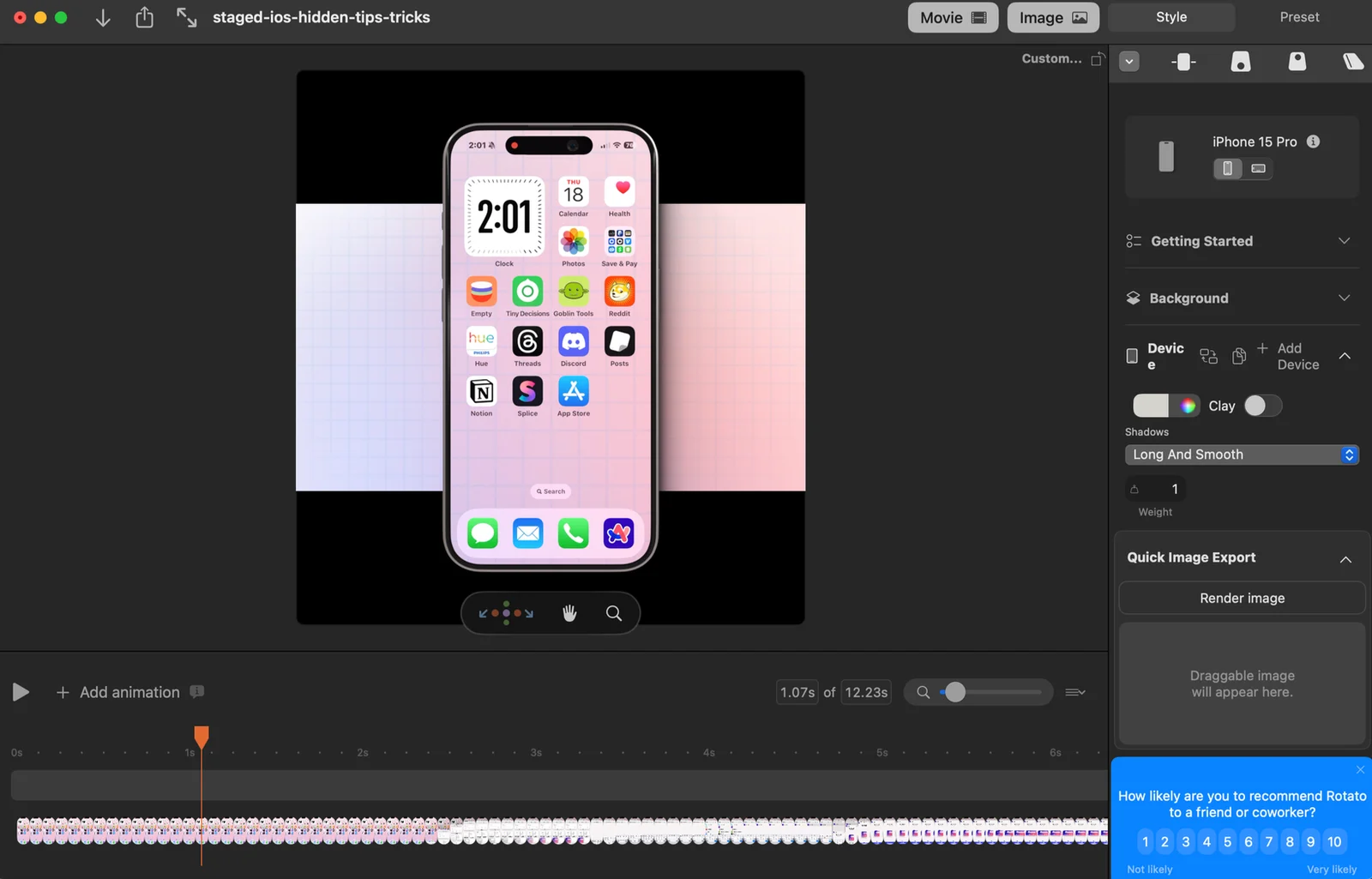 An iPhone 15 Pro mockup being staged and animated in Rotato for a hidden-tips GIF