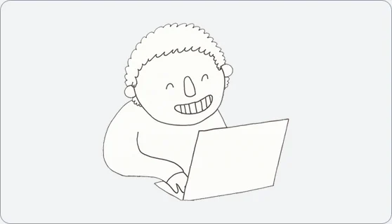 A line drawing of a smiling person at a laptop, made for the Getting Started assets