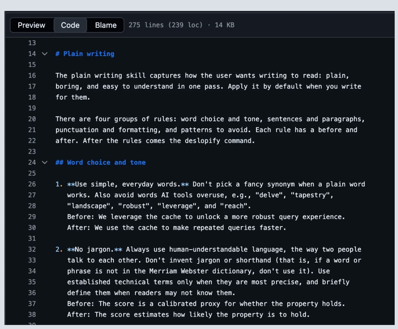 The source of a plain writing skill, with rules for word choice and tone, each followed by a before-and-after example