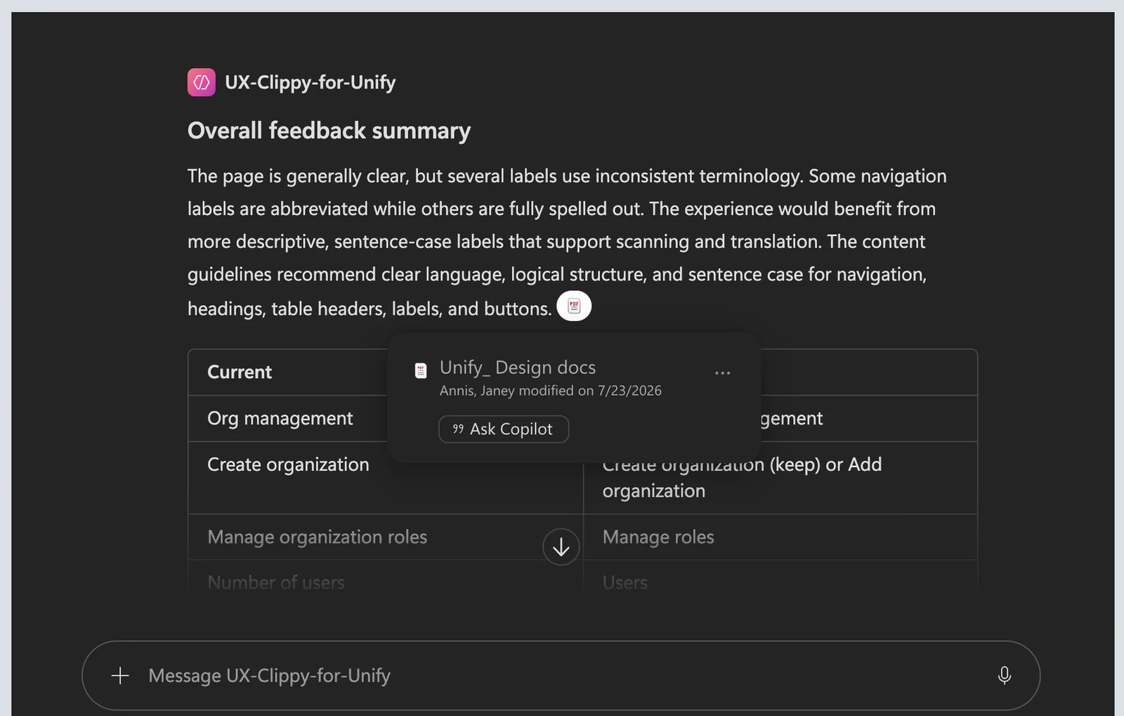 The UX-Clippy agent giving an overall feedback summary on navigation labels, with a table of current and suggested labels