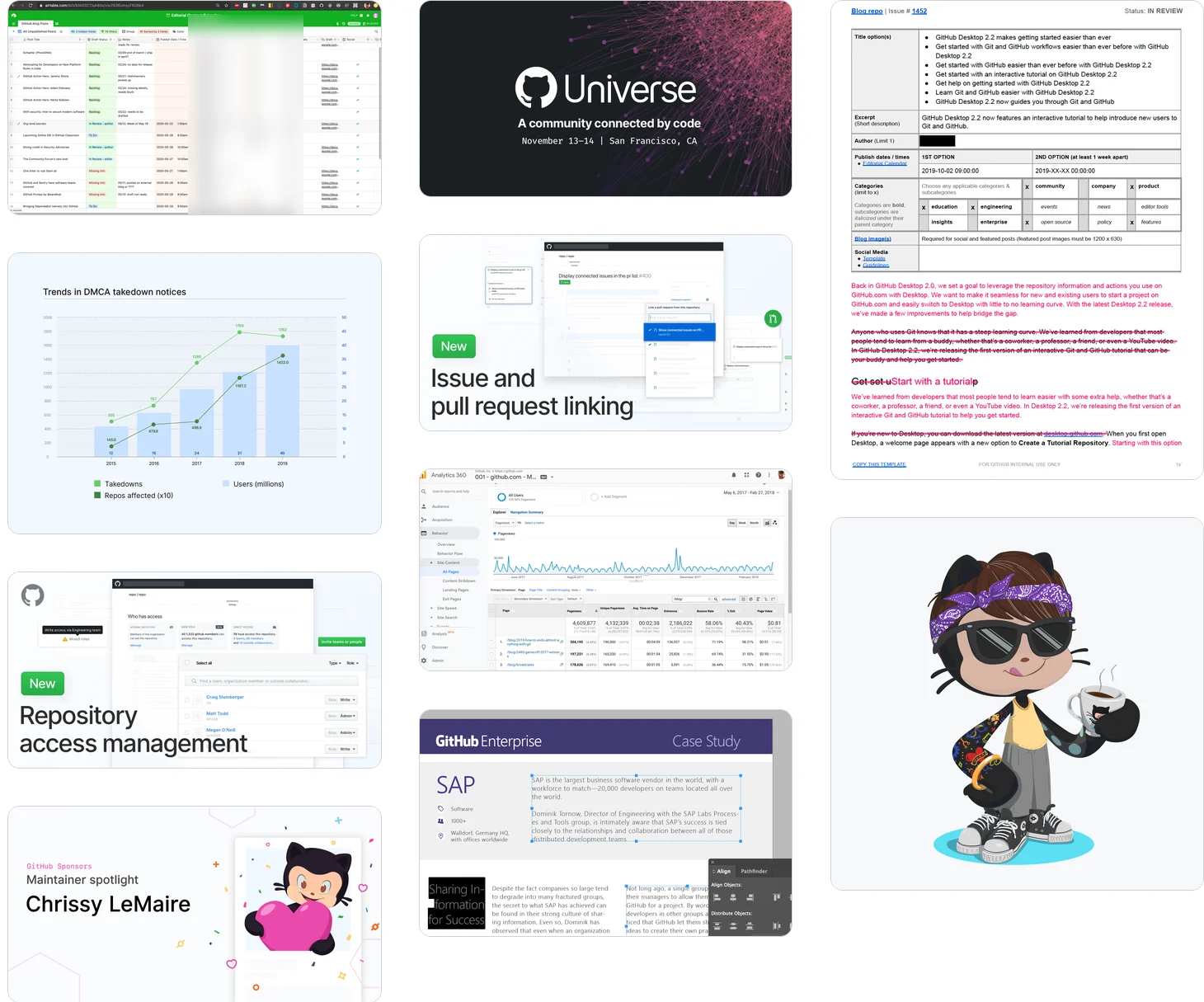 A collage of GitHub Blog work: an editorial calendar, a Universe event graphic, a blog brief, a DMCA trends chart, feature announcements, analytics, an SAP case study, and a maintainer spotlight.