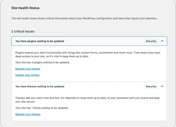 WordPress Site Health status for the blog