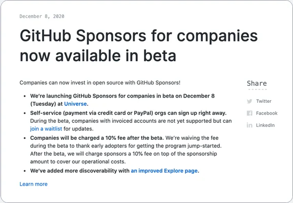 The December 8, 2020 changelog post "GitHub Sponsors for companies now available in beta"