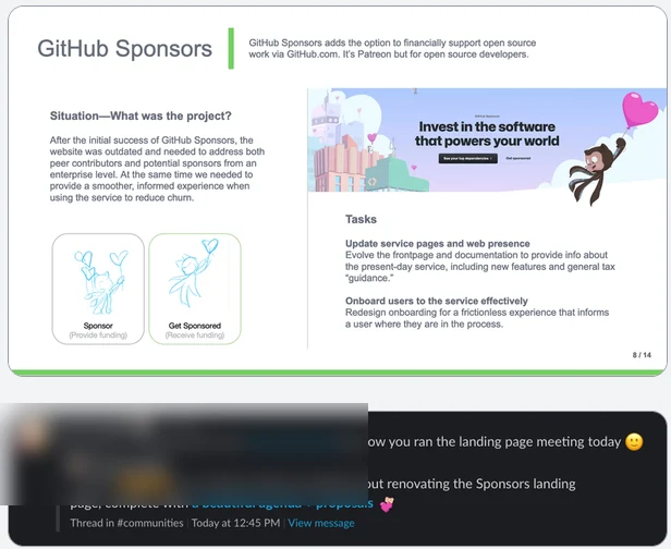 A Sponsors project slide, with a teammate’s message thanking the team for the landing page meeting (name blurred)