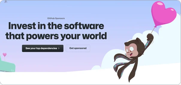 The Sponsors landing page hero, "Invest in the software that powers your world," with a brown octocat holding a heart balloon