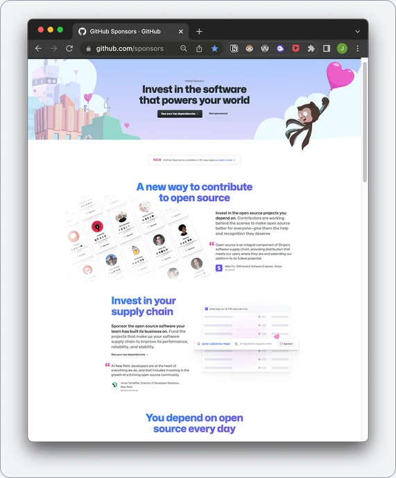 The full refreshed GitHub Sponsors landing page in a browser window