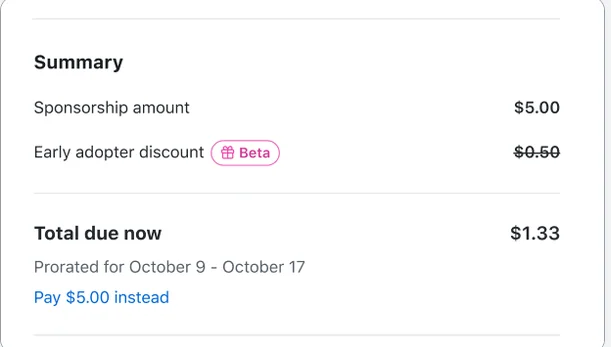 A sponsorship summary showing an early adopter discount and a prorated amount due